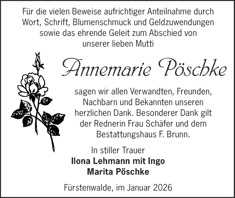  Traueranzeige für Annemarie Pöschke vom 24.01.2026 aus Märkische Oderzeitung