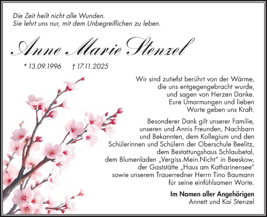 Traueranzeige von Anne Marie Stenzel von Märkische Oderzeitung
