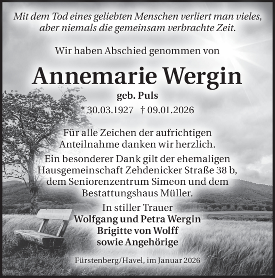 Traueranzeige von Annemarie Wergin von Märkische Oderzeitung