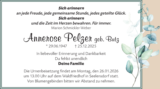 Traueranzeige von Annerose Pelzer von Märkische Oderzeitung