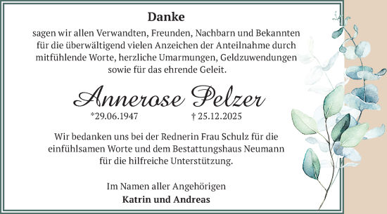 Traueranzeige von Annerose Pelzer von Märkische Oderzeitung