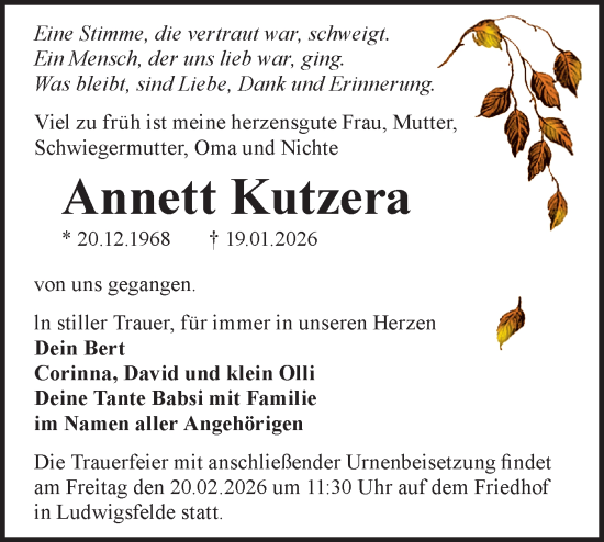 Traueranzeige von Annett Kutzera von Blickpunkt Ludwigsfelde/Zossen