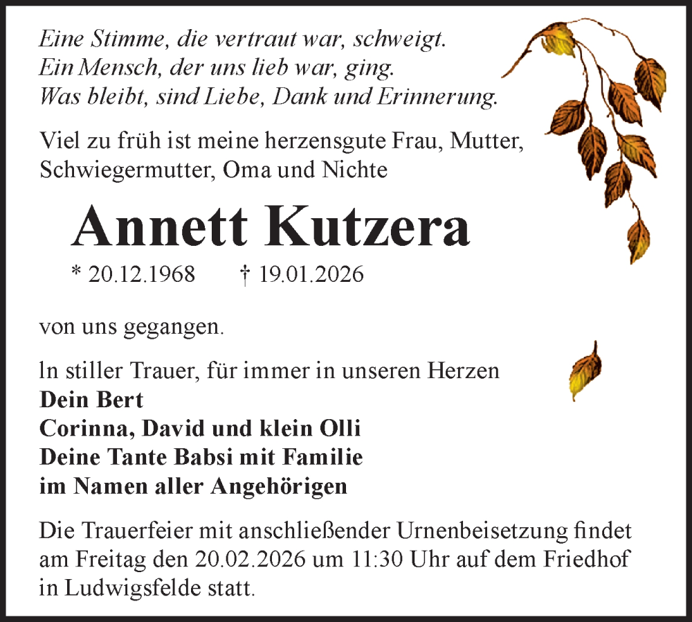  Traueranzeige für Annett Kutzera vom 31.01.2026 aus Blickpunkt Ludwigsfelde/Zossen