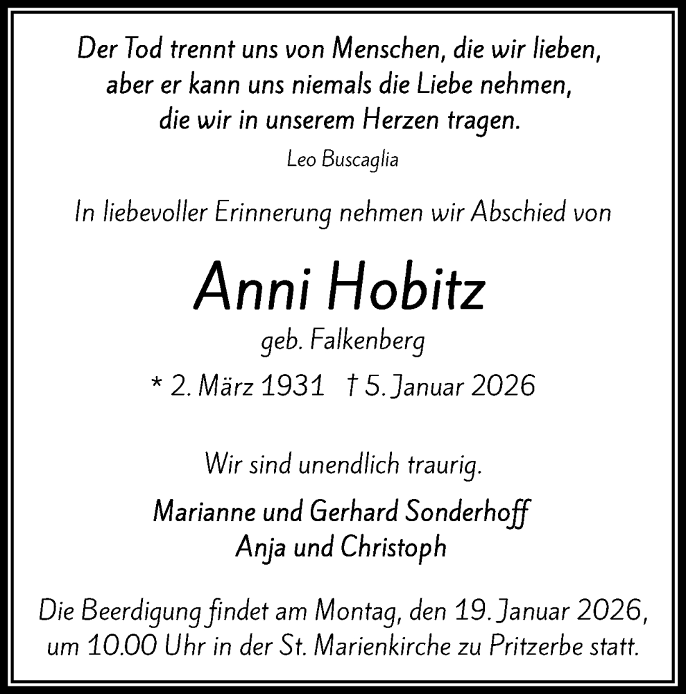  Traueranzeige für Anni Hobitz vom 17.01.2026 aus Märkische Oderzeitung