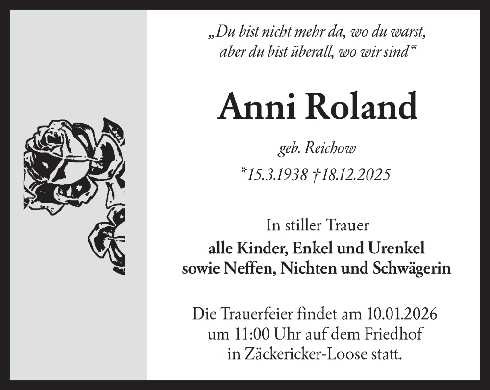  Traueranzeige für Anni Roland vom 05.01.2026 aus MO Oderld.-Echo