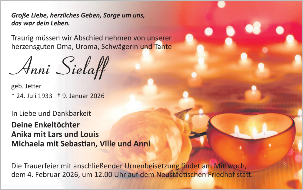  Traueranzeige für Anni Sielaff vom 24.01.2026 aus Märkische Oderzeitung