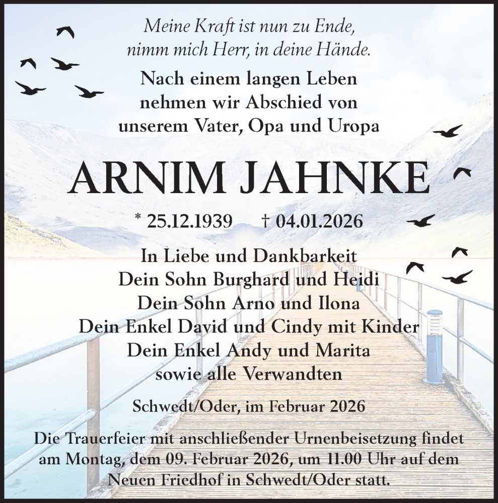  Traueranzeige für Arnim Jahnke vom 31.01.2026 aus MO Uckerm.-Anz.