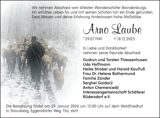 Traueranzeige von Arno Laube von Märkische Oderzeitung