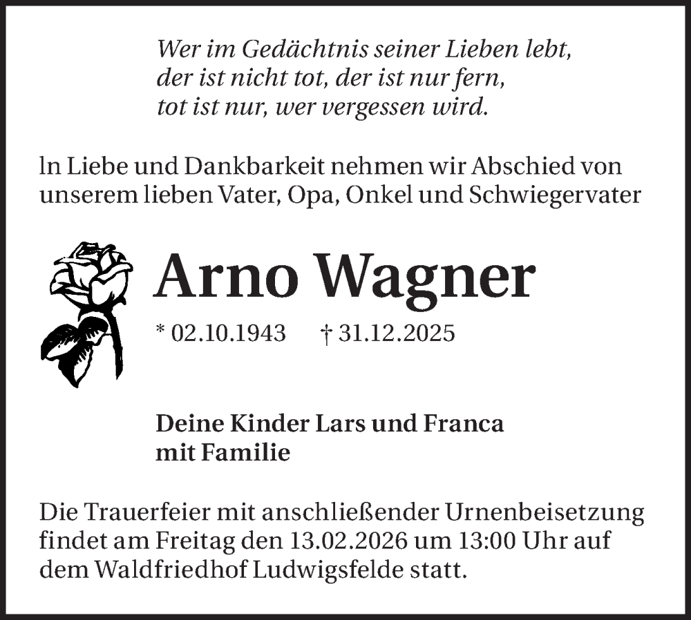  Traueranzeige für Arno Wagner vom 17.01.2026 aus Blickpunkt Ludwigsfelde/Zossen