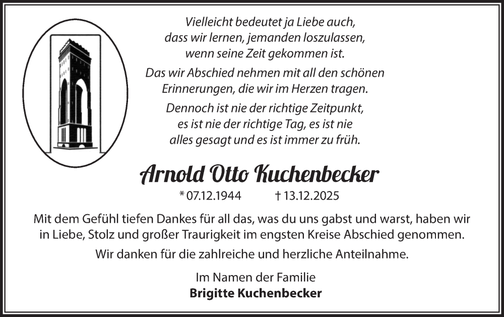  Traueranzeige für Arnold Otto Kuchenbecker vom 10.01.2026 aus Märkische Oderzeitung