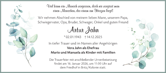 Traueranzeige von Artur Jahn von Märkische Oderzeitung