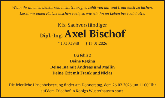 Traueranzeige von Axel Bischof von Blickpunkt Königs Wusterhausen