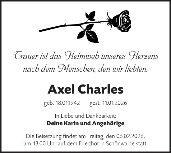 Traueranzeige von Axel Charles von Märkische Oderzeitung