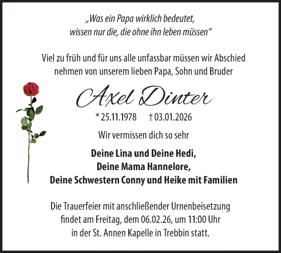 Traueranzeige von Axel Dinter von Blickpunkt Jüterbog/Luckenwalde