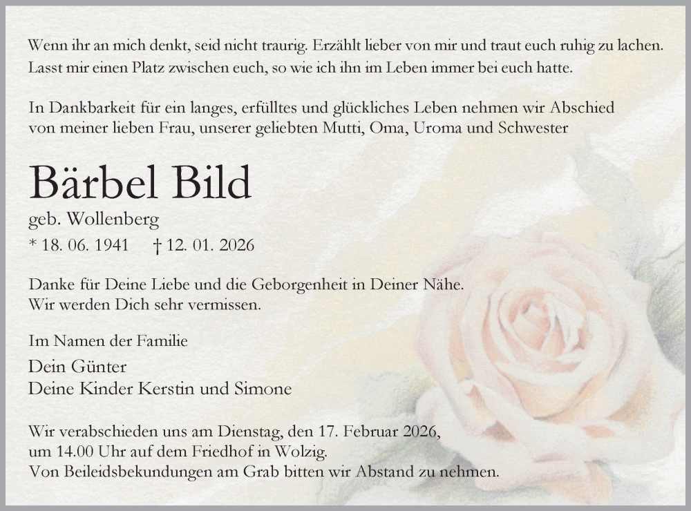  Traueranzeige für Bärbel Bild vom 24.01.2026 aus Märkische Oderzeitung