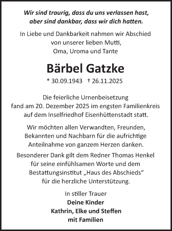 Traueranzeige von Bärbel Gatzke von Märkische Oderzeitung