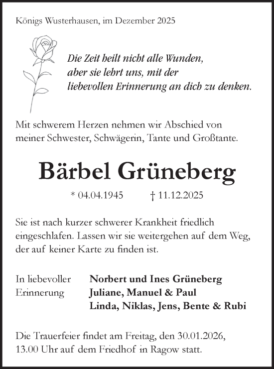 Traueranzeige von Bärbel Grüneberg von Blickpunkt Königs Wusterhausen