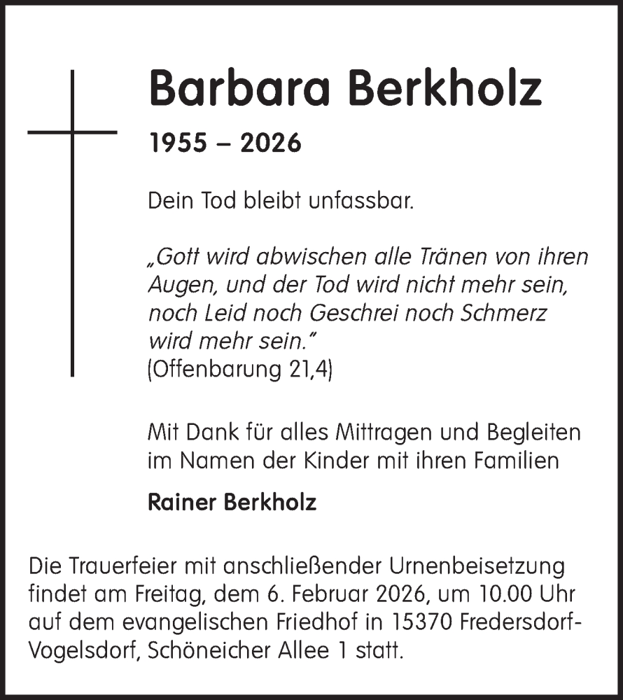  Traueranzeige für Barbara Berkholz vom 31.01.2026 aus Märkische Oderzeitung