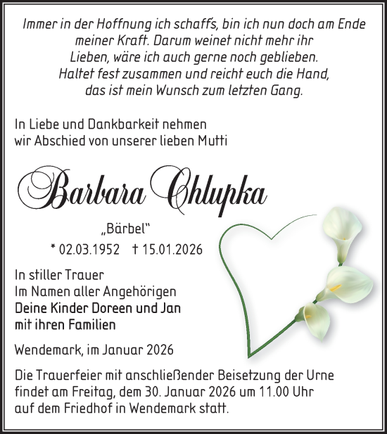 Traueranzeige von Barbara Chlupka von MO Uckerm.-Anz.