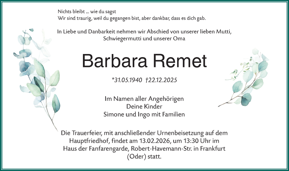  Traueranzeige für Barbara Remet vom 29.01.2026 aus Märkische Oderzeitung