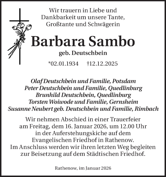 Traueranzeige von Barbara Sambo von Märkische Oderzeitung
