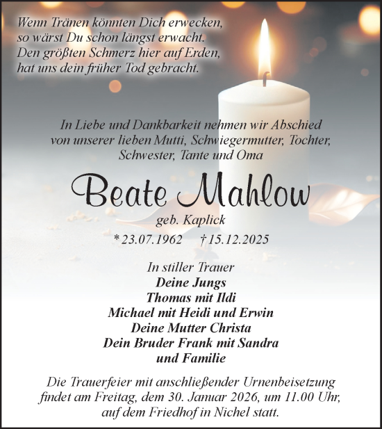Traueranzeige von Beate Mahlow von Märkische Oderzeitung