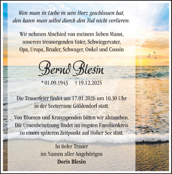 Traueranzeige von Bernd Blesin von Märkische Oderzeitung