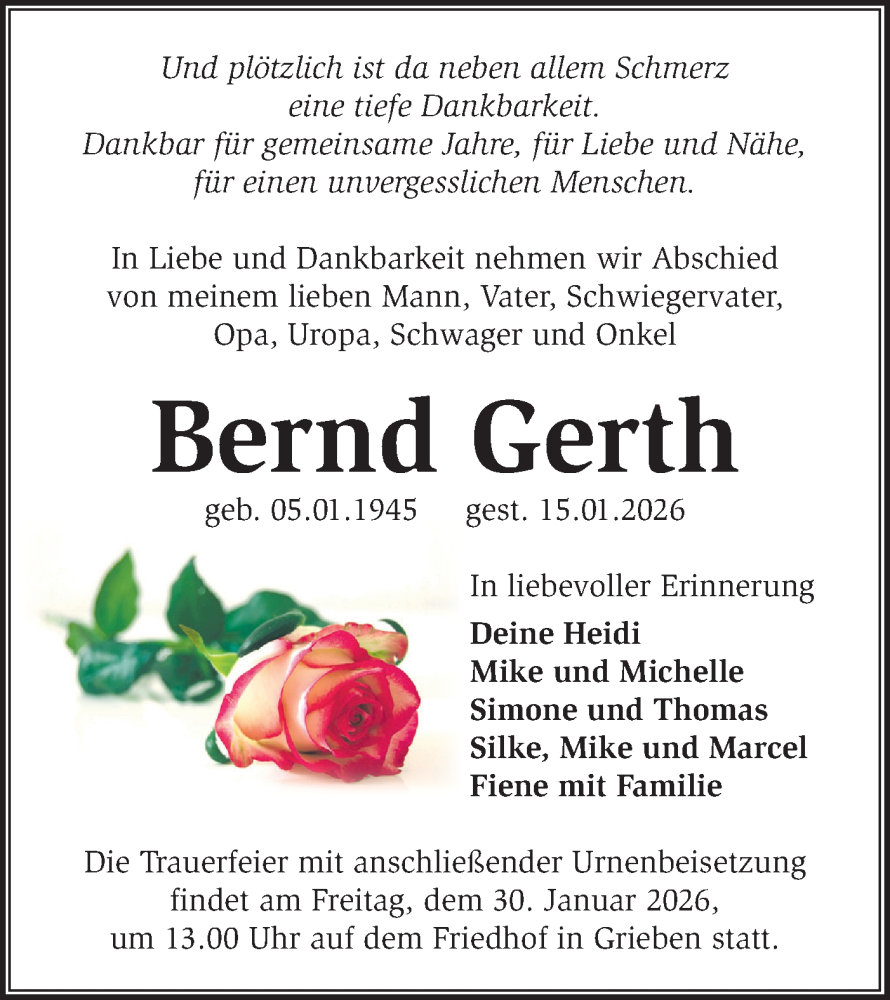  Traueranzeige für Bernd Gerth vom 24.01.2026 aus Märkische Oderzeitung