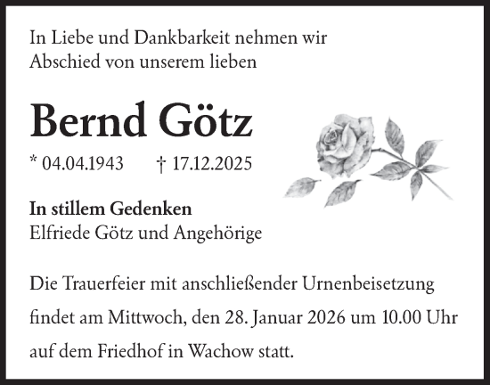 Traueranzeige von Bernd Götz von Märkische Oderzeitung