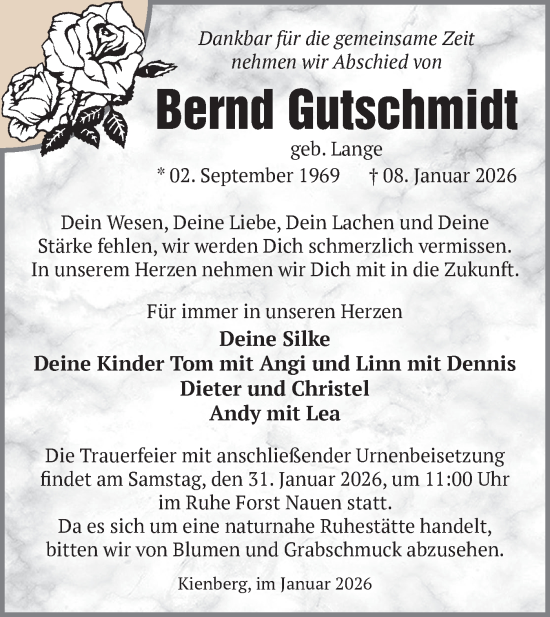 Traueranzeige von Bernd Gutschmidt von Märkische Oderzeitung