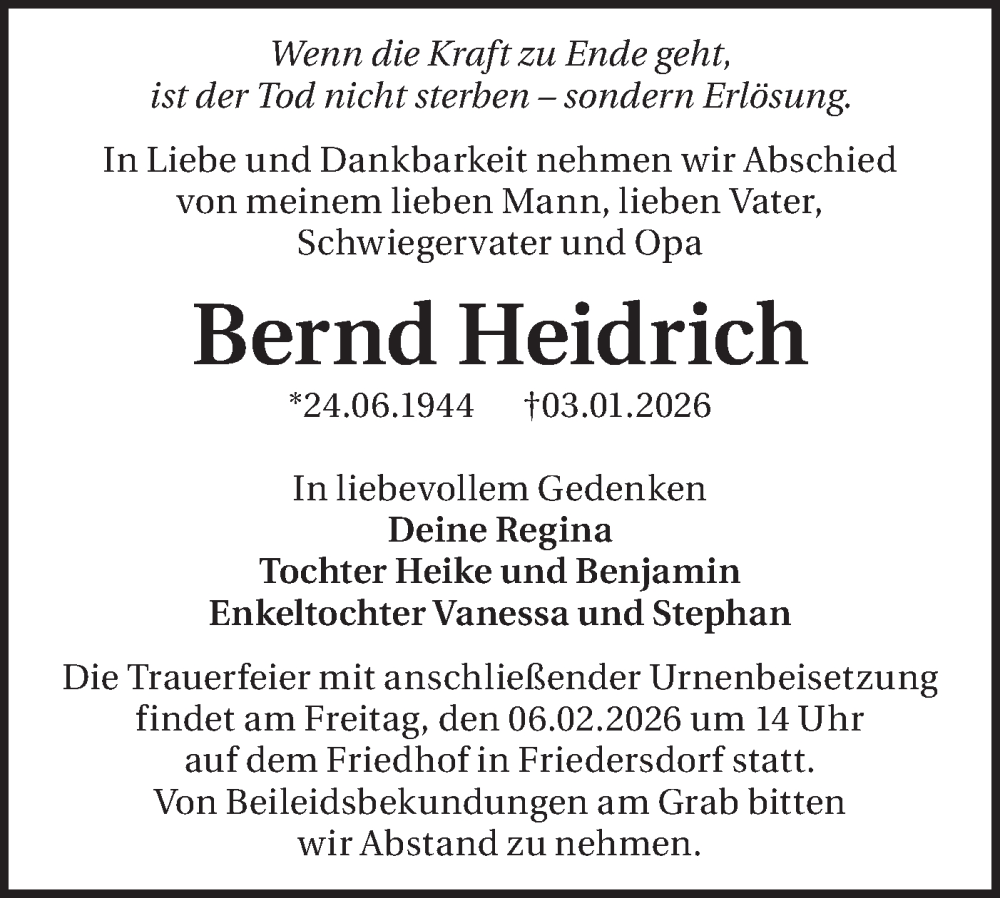  Traueranzeige für Bernd Heidrich vom 17.01.2026 aus Blickpunkt Königs Wusterhausen