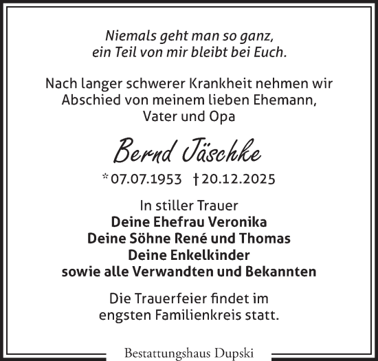 Traueranzeige von Bernd Jäschke von Märkische Oderzeitung