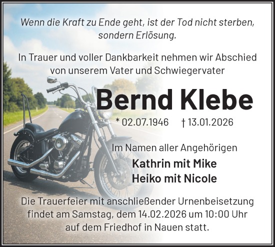 Traueranzeige von Bernd Klebe von Märkische Oderzeitung