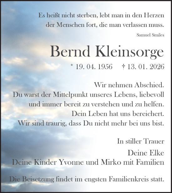 Traueranzeige von Bernd Kleinsorge von Blickpunkt Königs Wusterhausen
