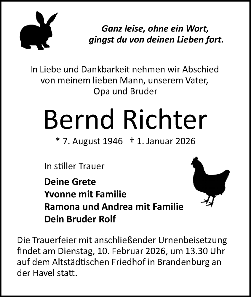  Traueranzeige für Bernd Richter vom 17.01.2026 aus Märkische Oderzeitung
