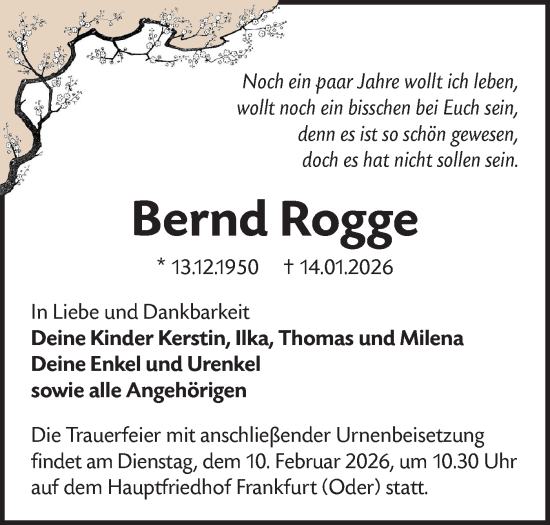 Traueranzeige von Bernd Rogge von Märkische Oderzeitung