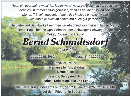 Traueranzeige von Bernd Schmidtsdorf von Märkische Oderzeitung