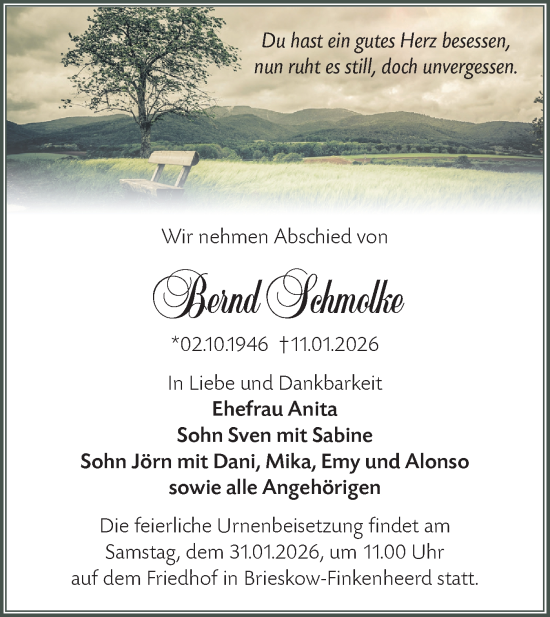 Traueranzeige von Bernd Schmolke von Märkische Oderzeitung