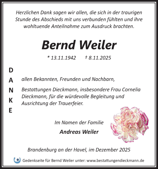 Traueranzeige von Bernd Weiler von Märkische Oderzeitung