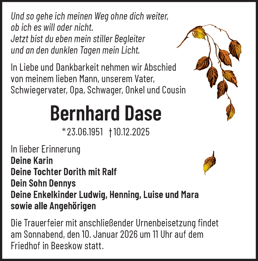  Traueranzeige für Bernhard Dase vom 03.01.2026 aus Märkische Oderzeitung