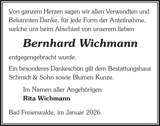 Traueranzeige von Bernhard Wichmann von MO Oderld.-Echo