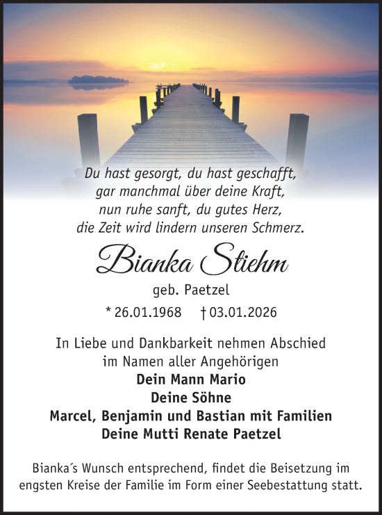 Traueranzeige von Bianka Stiehm von Märkische Oderzeitung