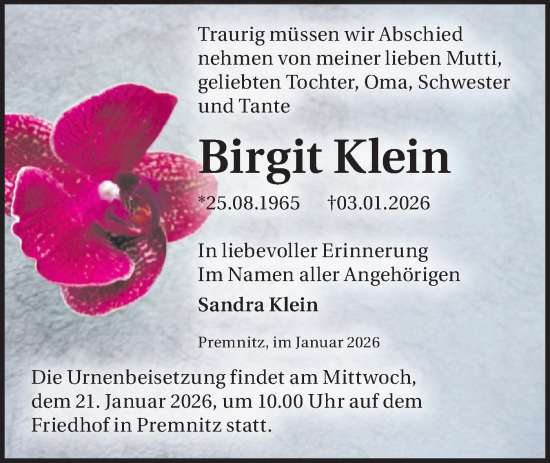 Traueranzeige von Birgit Klein von Märkische Oderzeitung