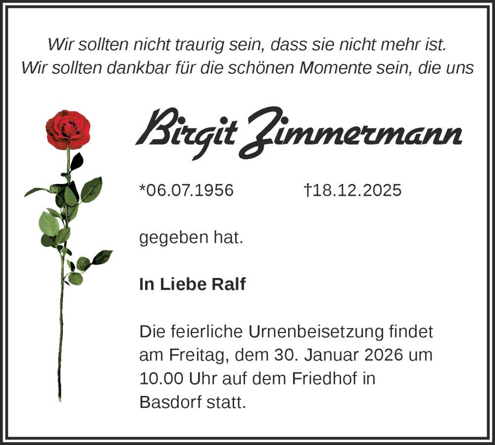  Traueranzeige für Birgit Zimmermann vom 17.01.2026 aus Märkische Oderzeitung