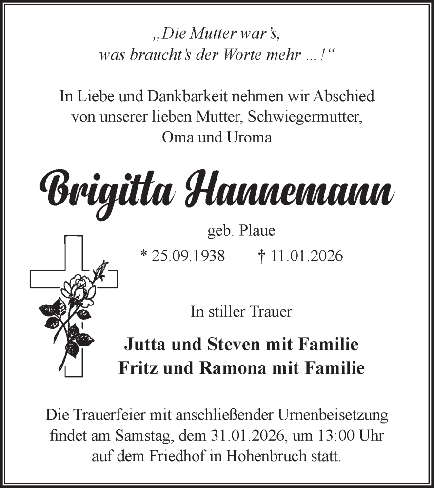  Traueranzeige für Brigitta Hannemann vom 24.01.2026 aus Märkische Oderzeitung