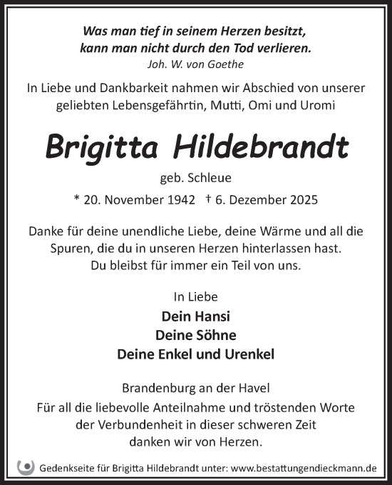 Traueranzeige von Brigitta Hildebrandt von Märkische Oderzeitung