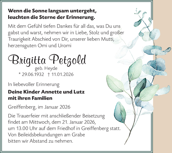 Traueranzeige von Brigitta Petzold von MO Uckerm.-Anz.