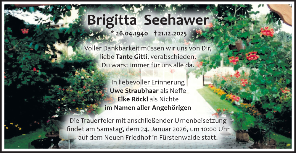  Traueranzeige für Brigitta Seehawer vom 10.01.2026 aus Märkische Oderzeitung