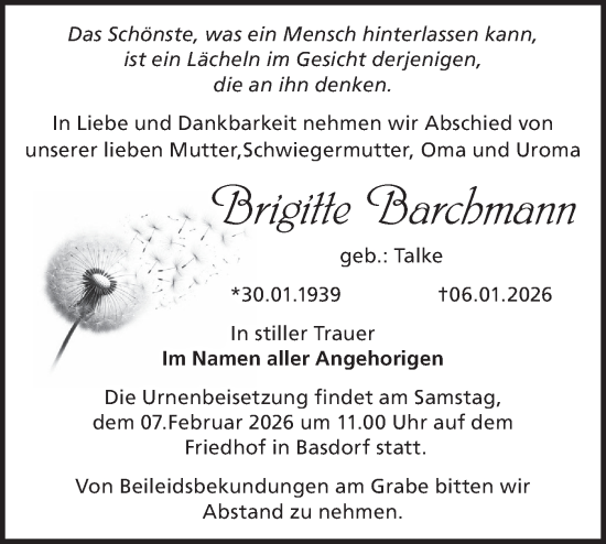 Traueranzeige von Brigitte Barchmann von Märkische Oderzeitung