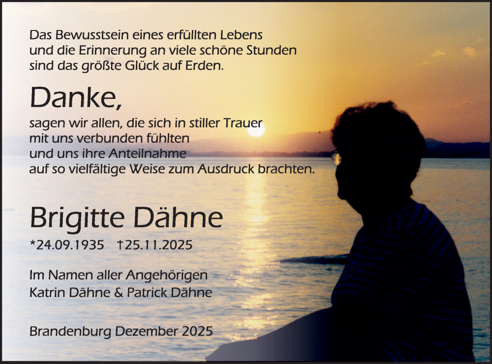  Traueranzeige für Brigitte Dähne vom 17.01.2026 aus Märkische Oderzeitung